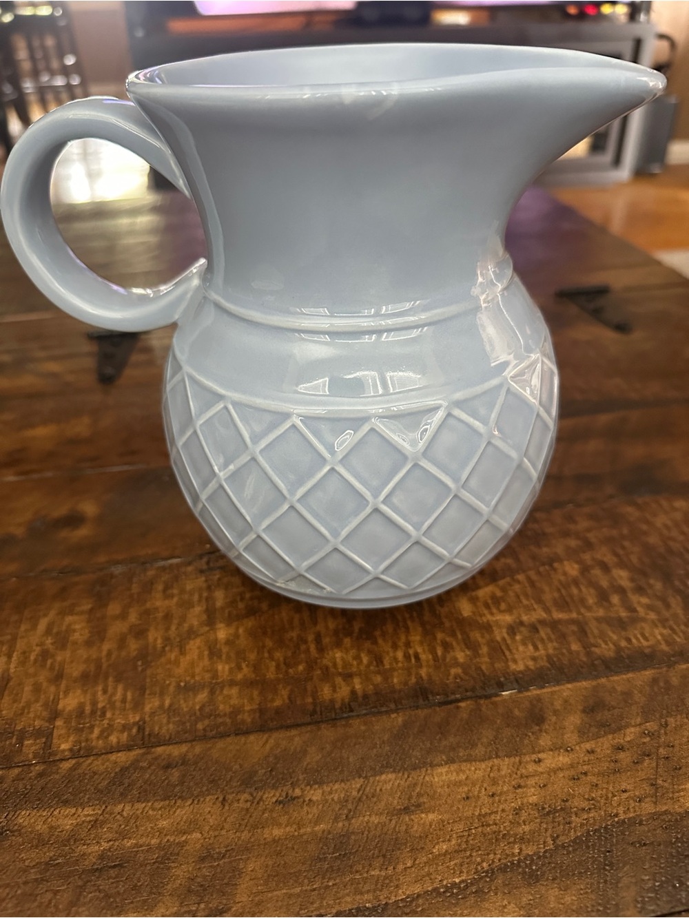 Vintage 1999 Bath & Body Works Blue Ceramic Pitcher with Textured Diamond Design